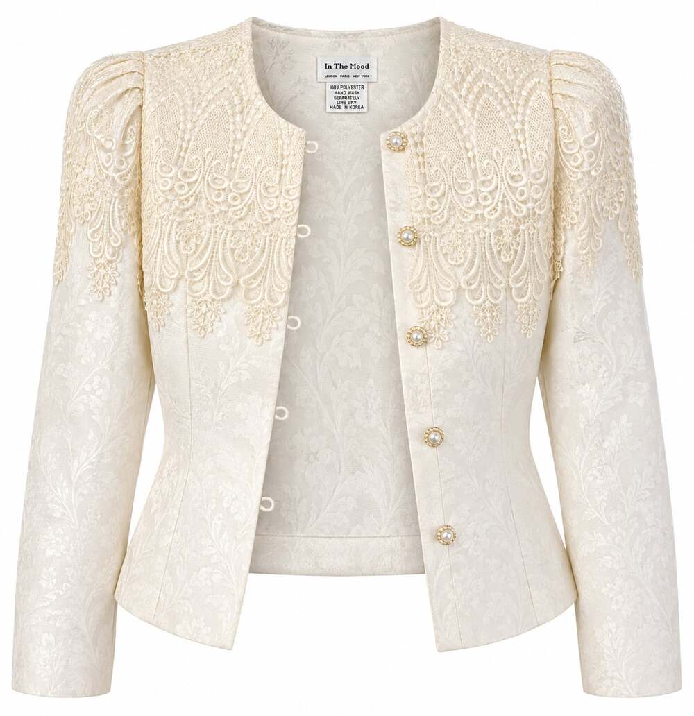 Vintage In The Mood Cream Satin Lace Collar Faux Pearl Button Blazer Jacket